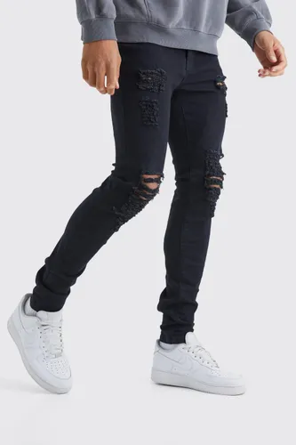 Mens Black Tall Skinny Jeans With All Over Rips, Black