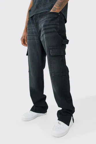 Mens Black Tall Straight Split Hem Cargo Jeans, Black