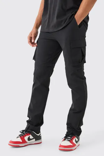 Mens Black Technical Stretch Zip Off Hybrid Skinny Cargo Trousers, Black