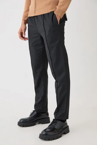 Mens Black Textured Tailored Belted Relaxed Fit Trousers, Black