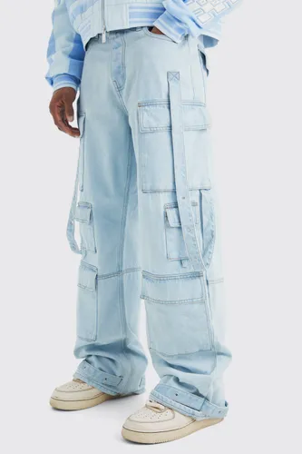 Mens Blue Baggy Rigid Multi Pocket Flare Jeans, Blue