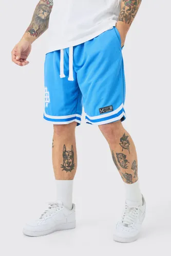 Mens Blue Basketball Mesh Tape Shorts With Woven Tab, Blue