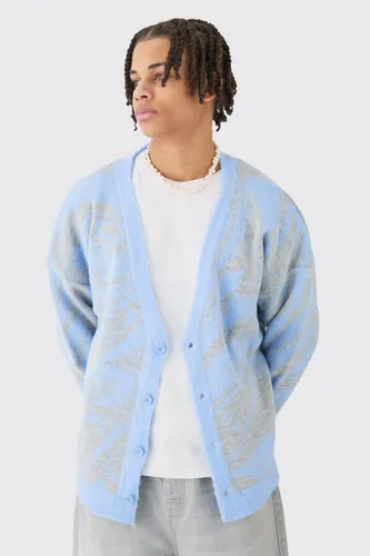 Mens Blue Boxy Oversized Brushed Abstract All Over Cardigan, Blue