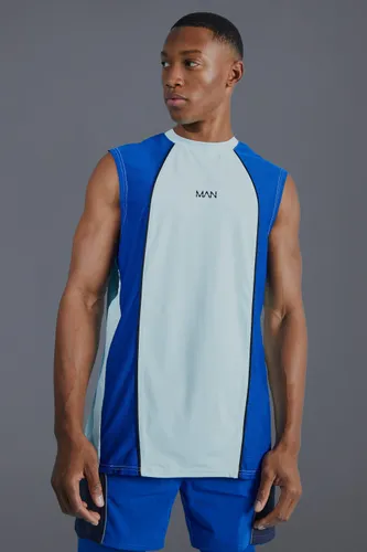 Mens Blue Man Active Muscle Fit Colour Block Vest, Blue