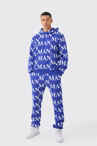 Mens Blue Man Roman All Over Print Hooded Tracksuit, Blue