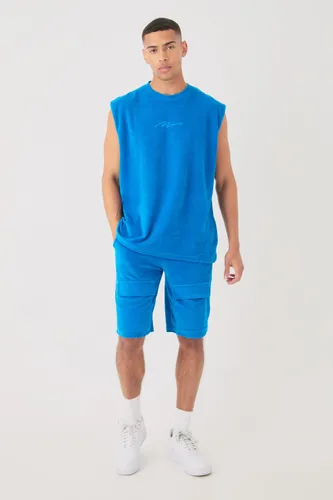 Mens Blue Man Velour Oversized vest & Pocket Shorts Set, Blue