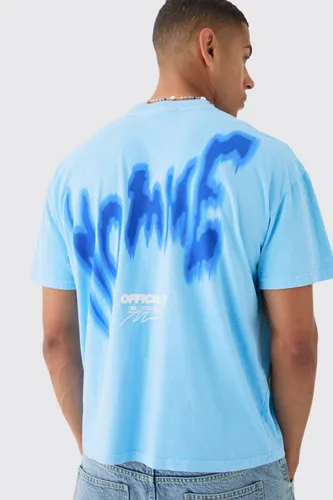 Mens Blue Oversized Back Print Washed Graffiti Homme T-shirt, Blue
