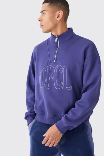 Mens Blue Oversized Boxy 1/4 Zip Chain Stitch Offcl Embroidered Hoodie, Blue
