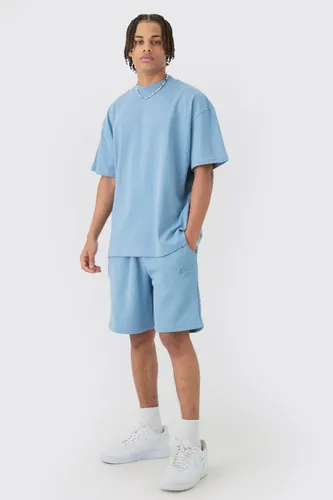 Mens Blue Oversized Extended Neck Official Man Embossed T-shirt & Short Set, Blue