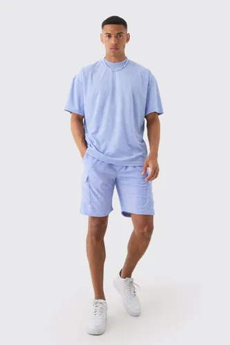 Mens Blue Oversized Extended Neck Towelling T-shirt & Cargo Shorts Set, Blue