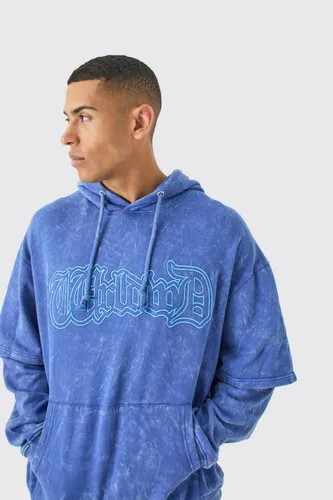 Mens Blue Oversized Faux Layer Acid Wash Embroidered Hoodie, Blue