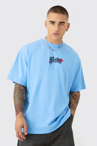 Mens Blue Oversized Heavyweight BM Cross Embroidered T-shirt, Blue