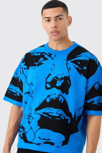 Mens Blue Oversized Line Drawing Knitted T-shirt, Blue