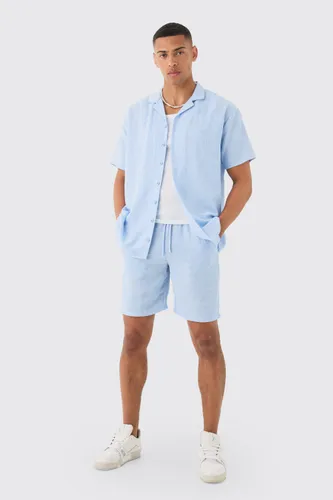 Mens Blue Oversized Linen Look Shirt & Short Set, Blue