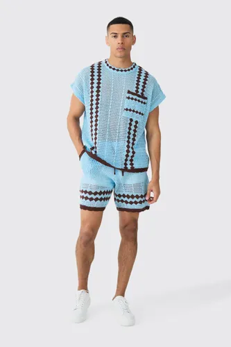 Mens Blue Oversized Open Stitch vest Short Knitted Set, Blue
