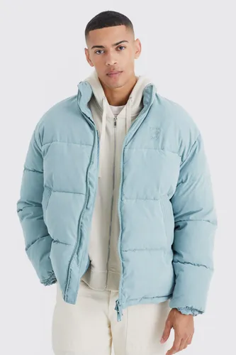 Mens Blue Oversized Peached Nylon Embroidered Puffer, Blue