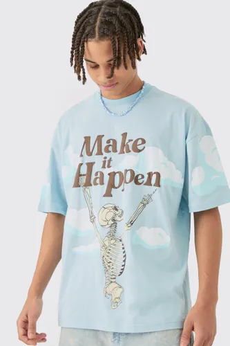 Mens Blue Oversized Skeleton Graphic T-shirt, Blue