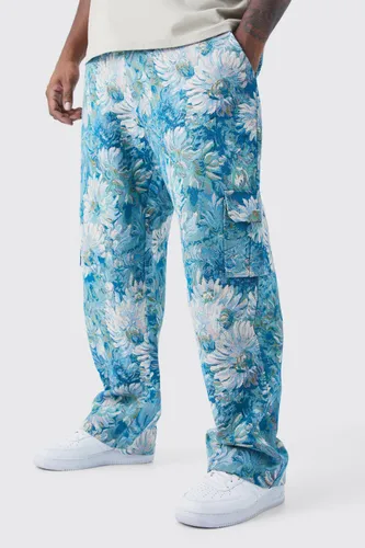 Mens Blue Plus Fixed Waist Floral Tapestry Cargo Trouser, Blue
