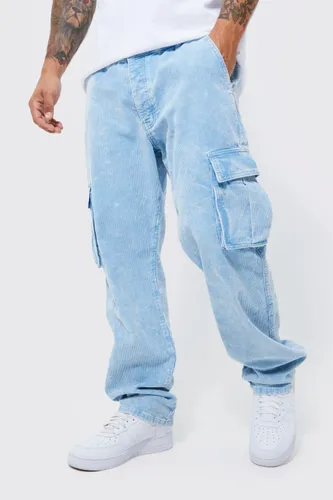 Mens Blue Relaxed Acid Wash Cord Cargo Trousers, Blue