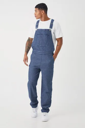 Mens Blue Relaxed Fit Fabric Interest Denim Dungaree, Blue