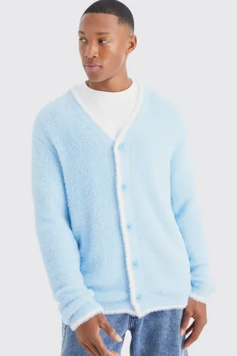 Mens Blue Relaxed Fluffy Cardigan With Tipping, Blue