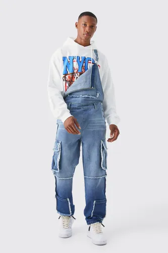 Mens Blue Relaxed Frayed Egde Dungaree, Blue