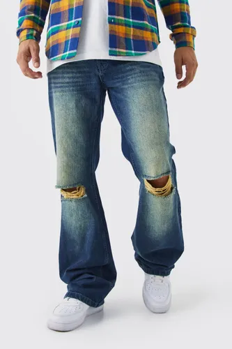 Mens Blue Relaxed Rigid Flare Bleached Ripped Knee Jeans, Blue