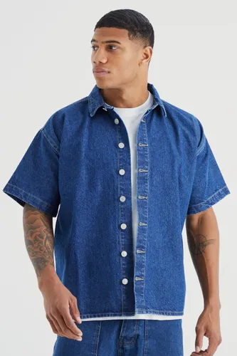 Mens Blue Short Sleeve Boxy Fit Denim Shirt, Blue