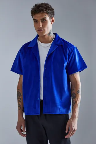 Mens Blue Short Sleeve Boxy Velour Shirt, Blue