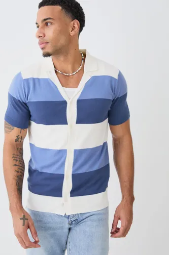 Mens Blue Short Sleeve Revere Stripe Knitted Shirt, Blue