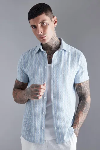 Mens Blue Short Sleeve Textured Stripe Shirt, Blue
