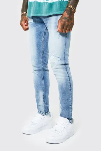 Mens Blue Skinny Stretch Rip And Repair Stitched Jeans, Blue