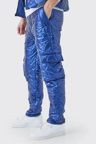 Mens Blue Tall Elasticated Waist Metallic Quilted Cargo Trousers, Blue