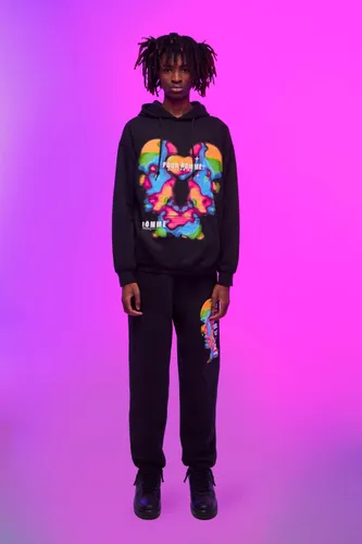 Men's Blurred Y2K Face Graphic Hooded Tracksuit - Black - L, Black