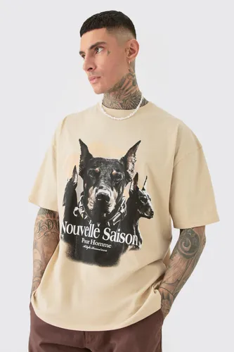 Mens Bone Tall Dobermann Printed Graphic Oversized T-shirt, Bone