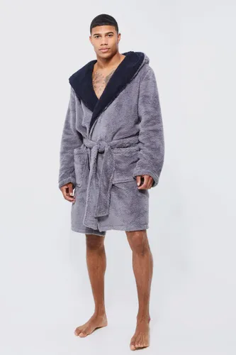 Men's Borg Lined Hooded Dressing Gown - Grey - L, Grey