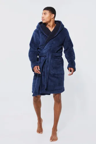 Men's Borg Lined Hooded Dressing Gown - Navy - M, Navy