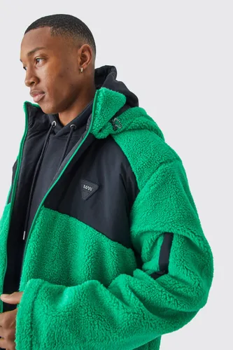 Men's Borg & Nylon Mix Jacket With Hood - Green - S, Green