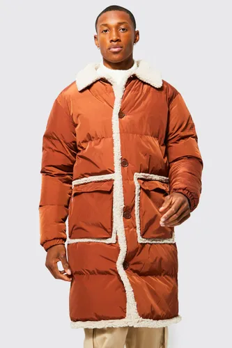 Men's Borg Trim Puffer Overcoat - Orange - S, Orange