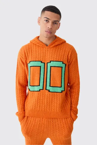 Men's Boxy 00 Brushed Cable Knitted Hoodie - Orange - L, Orange