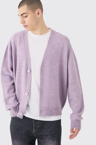 Men's Boxy Brushed Knit Cardigan In Lilac - Purple - S, Purple