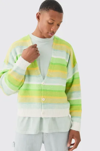 Mens Boxy Brushed Striped Cardigan In Green, Green