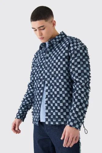 Men's Boxy Checkerboard Distressed Checked Overshirt - Navy - S, Navy