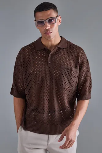 Mens Boxy Crochet Dropped Shoulder V Neck Polo In Brown, Brown