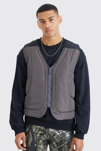 Men's Boxy Curved Quilted Gilet - Grey - S, Grey