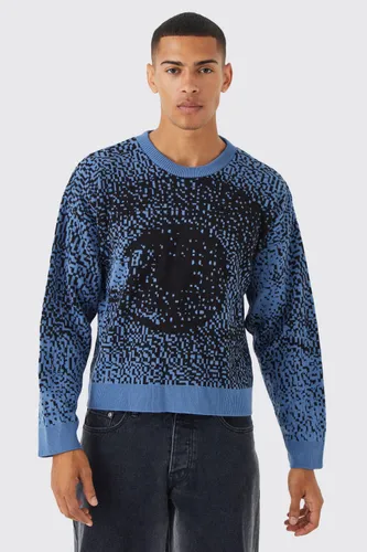 Men's Boxy Drop Shoulder Eye Graphic Knitted Jumper - Blue - Xl, Blue