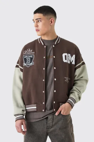 Men's Boxy Embroidered Jersey Varsity Jacket - Brown - S, Brown