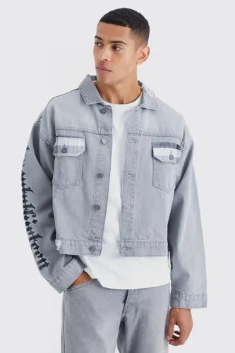 Men's Boxy Fit Back Graphic Denim Jacket - Grey - M, Grey