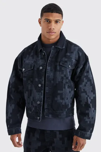 Men's Boxy Fit Camo Laser Print Denim Jacket - Black - S, Black