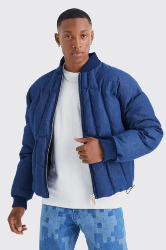 Men's Boxy Fit Denim Puffer Jacket With Bomber Neck - Blue - L, Blue